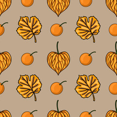 Poster - Seamless vector pattern with hand-drawn autumn elements: stylized pumpkins, leaves, and berries in warm orange and brown tones, creating a cozy and rustic feel, perfect for fall-themed design proje...