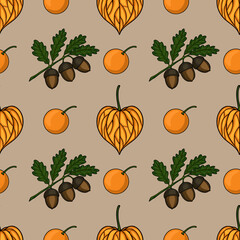 Poster - Seamless vector autumn pattern with hand-drawn illustrations of physalis, acorns on oak branches, and small oranges on a muted beige background, creating a rustic and charming design.
