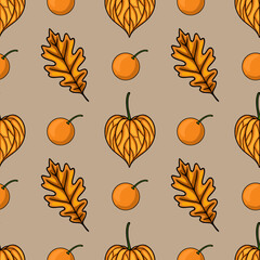 Poster - Seamless vector autumn pattern with stylized pumpkins, orange fruits, and oak leaves on a beige background, perfect for fall-themed designs.