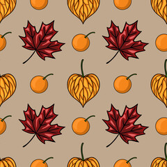 Poster - Seamless vector autumn pattern with hand-drawn maple leaves, physalis, and oranges on a beige background, creating a vibrant and cheerful fall design.