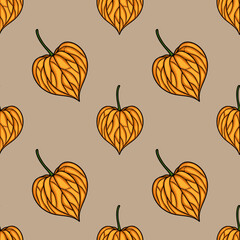 Poster - Seamless vector pattern of stylized orange physalis fruits on a beige background, creating a unique autumnal design perfect for textile prints or digital wallpapers.