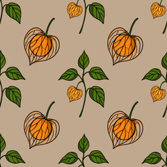 Poster - Seamless vector pattern with stylized orange physalis and green leaves on a beige background, creating a unique autumnal design.