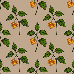 Poster - Seamless vector pattern of stylized Physalis branches with orange fruits and green leaves on a beige background, creating a delicate autumnal design.