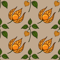 Poster - Seamless vector pattern with stylized orange physalis and green leaves on a beige background, creating a unique autumnal botanical design.