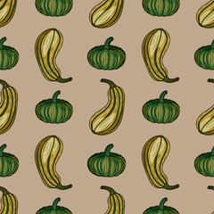 Poster - Seamless vector pattern with hand-drawn illustrations of green and yellow pumpkins and gourds on a beige background, perfect for autumn-themed designs.
