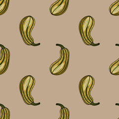 Poster - Seamless vector pattern of stylized hand-drawn gourds with olive green and beige tones on a taupe background, creating a sophisticated autumnal design ideal for textile prints or fall-themed projects.