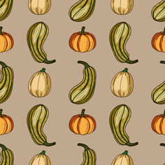 Poster - Seamless vector pattern with hand-drawn pumpkins and gourds in autumnal colors, featuring a unique blend of warm orange, pale yellow, and olive green hues on a taupe background, ideal for fall-them...