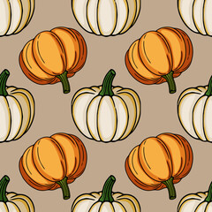 Poster - Seamless vector pattern of hand-drawn pumpkins in orange and off-white, featuring alternating colors and a simple, autumnal taupe background, ideal for fall-themed designs.
