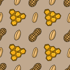Poster - Seamless vector pattern with peanuts in shell and honeycomb, a cheerful illustration in warm brown and golden yellow tones, perfect for autumnal designs.