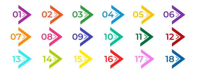 Fototapete - Vector illustration with triangle markers from 1 to 18 isolated on white background. Multicolored web icon template with numbers. Abstract graphic concept element