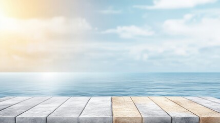 Wall Mural - Wooden Platform Ocean View - Serene coastal scene, symbolizing tranquility, peace, escape, relaxation, and summer vacation. A perfect for travel brochures or websites