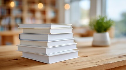 Poster - Stack of clean, white books resting on a wooden table in a cozy reading space filled with natural light