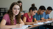 © Dual Studio - Satisfied young woman looking at camera. Team of multiethnic students preparing for university exam. Portrait of girl with freckles sitting in a row with her classmates during high school exam.