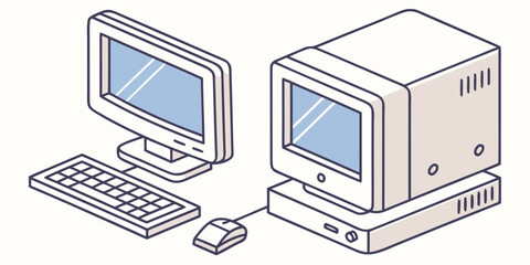 Poster - Retro computer setup with monitor keyboard and mouse