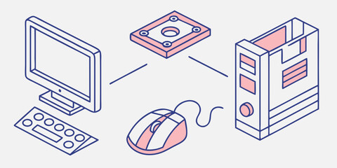 Poster - Isometric computer hardware components connected digitally
