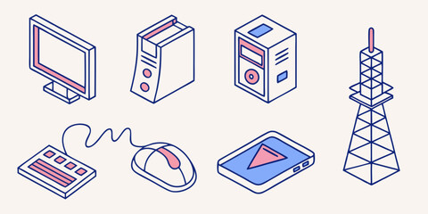 Poster - Isometric computer equipment and communication tower icons