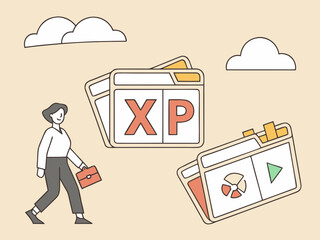 Poster - Businesswoman walking past xp and data presentation folders