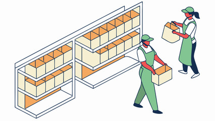 Poster - Warehouse workers organizing boxes on shelves in isometric view