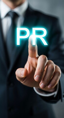 Poster - Businessman Hand Touching Glowing Cyan P R Letters