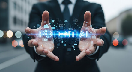 Poster - Businessman Hands Holding Potential Word Blue Light Technology Icons