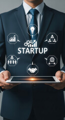 Poster - Businessman Holding Tablet Startup Icons Growth Teamwork