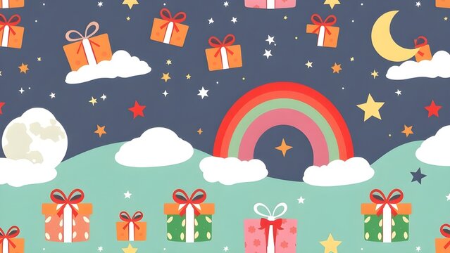 Christmas pattern. Vector illustration of trendy Christmas pattern with gift boxes, rainbow, moon and stars in flat boho style