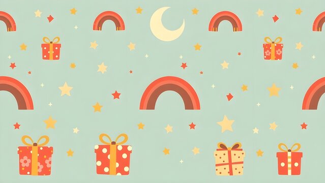 Christmas pattern. Vector illustration of trendy Christmas pattern with gift boxes, rainbow, moon and stars in flat boho style