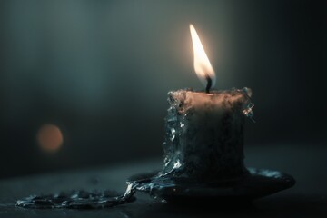 Poster - Candle glowing warmly in a dimly lit room, creating a serene atmosphere while wax drips slowly onto a plate