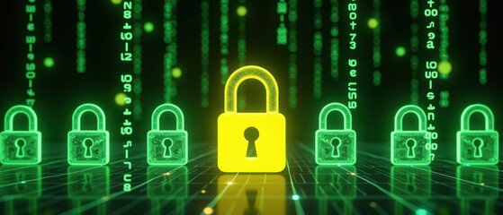 digital lock security encryption technology data protection cyber safety green matrix binary code in
