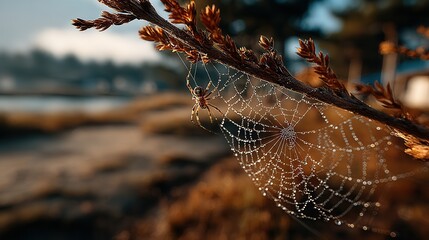 A delicate spider web glistens with morning dew, showcasing the beauty of nature. The spider sits in the center of its intricate web, ready to catch its prey