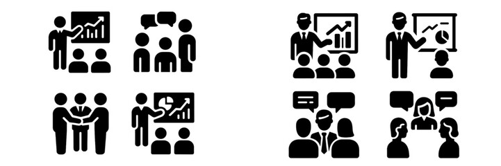 Poster - Engaging business meetings illustrate teamwork, communication, and presentations in a corporate setting