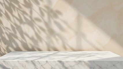 Poster - Blank table against a textured beige wall with shadow effects, ideal for showcasing products like cosmetics, food, or jewelry.