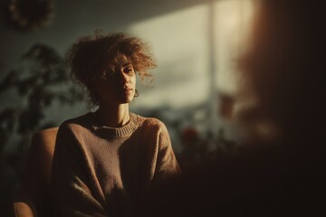 Poster - Woman in cozy sweater sits thoughtfully in soft lighting, reflecting in a warm indoor setting