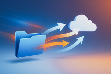 Fototapete - Cloud data transfer and archiving: A symbolic representation depicts the seamless data movement from a digital file to the cloud, visualized with dynamic arrows and a vibrant atmosphere.