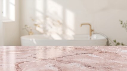 Poster - Minimalist Pink Marble Table for Presenting Products Against a Soft Focus Bathroom Scene