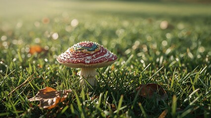 Poster - Colorful fungi growing among green blades