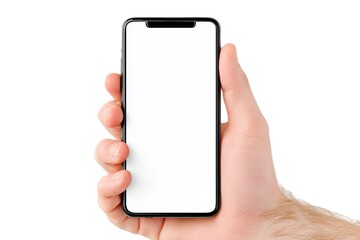 Poster - Hand Holding Blank Smartphone Screen Isolated on White Background for Mobile App Presentation