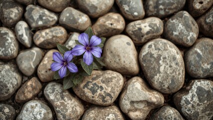 Poster - Flowers in shades of purple displayed on a bed of rocks