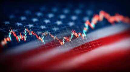 Poster - Stock trading chart showing financial trend over united states flag pattern with bokeh lighting. Financial market concept.