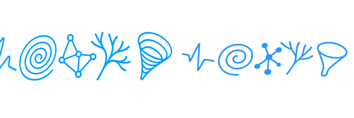 Poster - Abstract blue line art symbols representing nature, science, and mathematics in a minimalist design format