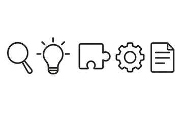Poster - Symbols representing research, ideas, puzzles, development, and documentation in a minimalistic design