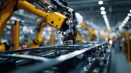 Poster - Closeup shot of robotic arms in action on a busy assembly line forming carbonfiber structures for innovative eVTOL fuselages. The image captures the intricate process of material layering