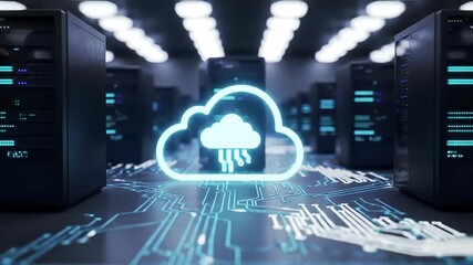 Aufkleber - Cloud computing server room with glowing cloud icon, digital circuit lines, futuristic data center, blue lighting technology infrastructure, secure network innovation, modern information storage