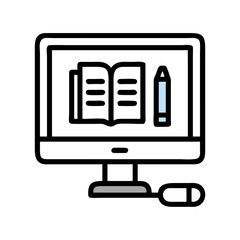 Fototapete - Vector art of a computer monitor displays an open book and a pencil symbolizing online education and digital learning