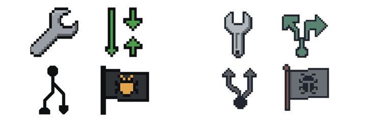 Fototapete - Pixel art icons depicting tools, arrows, and flags in a minimalist design showcasing various actions and concepts