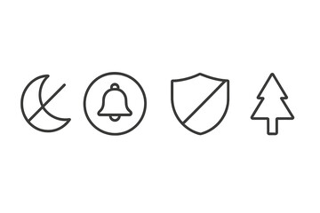 Poster - Four simple icons representing moon phase, notification, security shield, and pine tree designed with minimalistic style