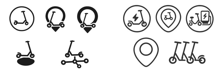 Poster - Various scooter icons illustrating electric scooter features, navigation, and usage for urban commuting in a modern design aesthetic