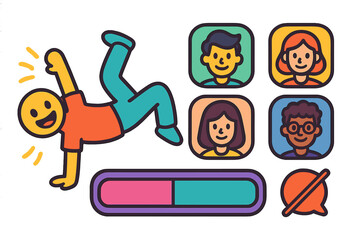 Poster - Engaging stick figure character in a playful pose surrounded by diverse faces in digital interface design