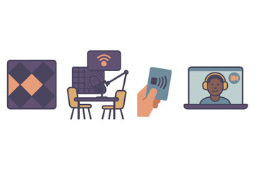 Poster - Creative workspace design featuring podcasting setup and online meeting tools in a modern environment with digital elements