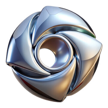 Abstract metallic sphere with swirling polished chrome like petals and a central opening isolated on transparent background